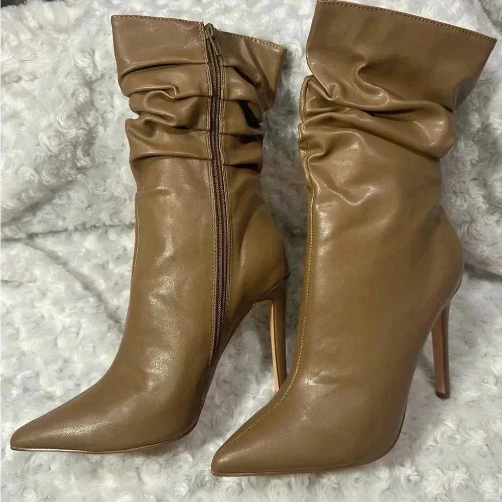Olivia Ferguson Tan Slouchy Heeled Zipper Ankle Boots